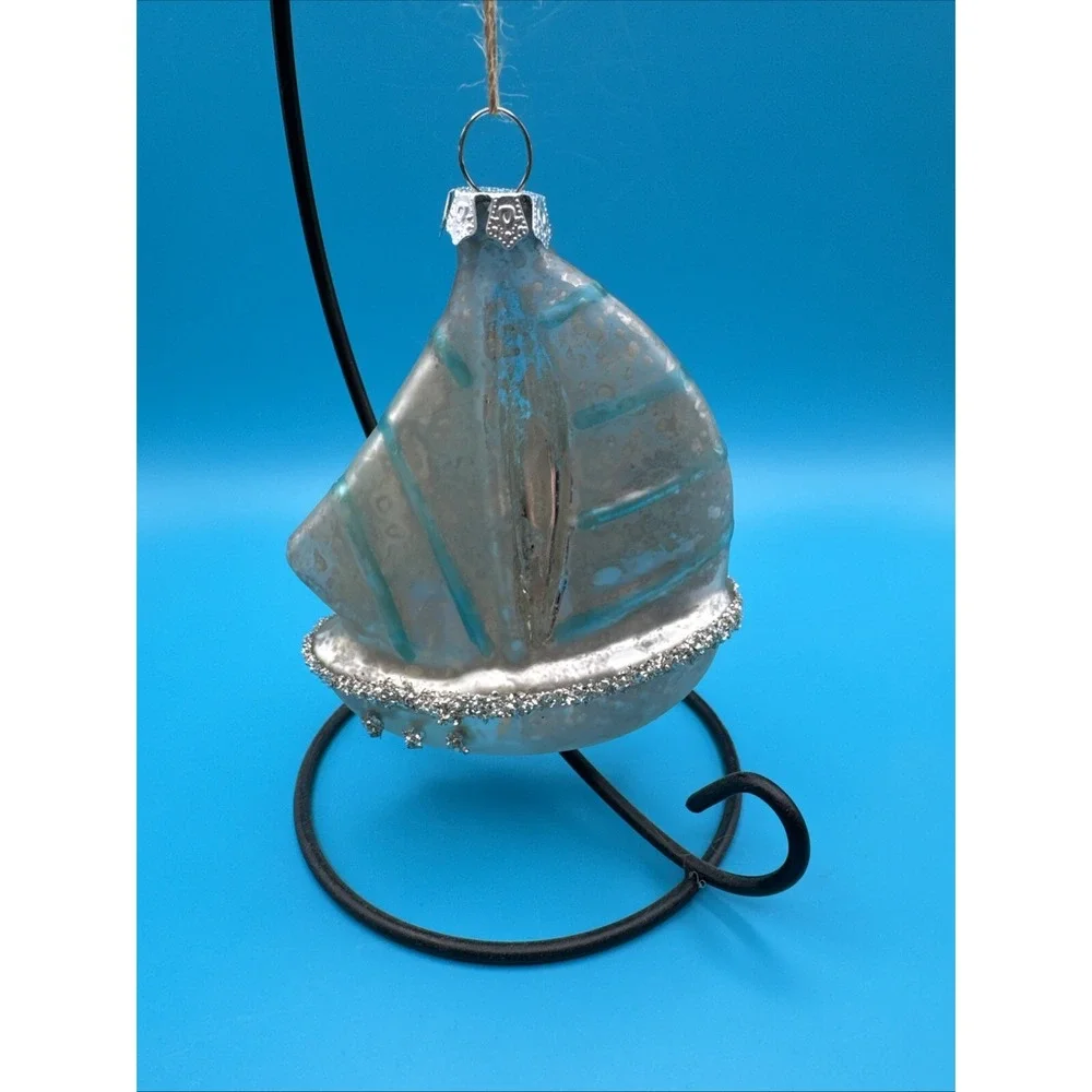 Pottery Barn Sailboat Christmas Tree Ornament‎ Nautcial Coastal Glass Decor Kids